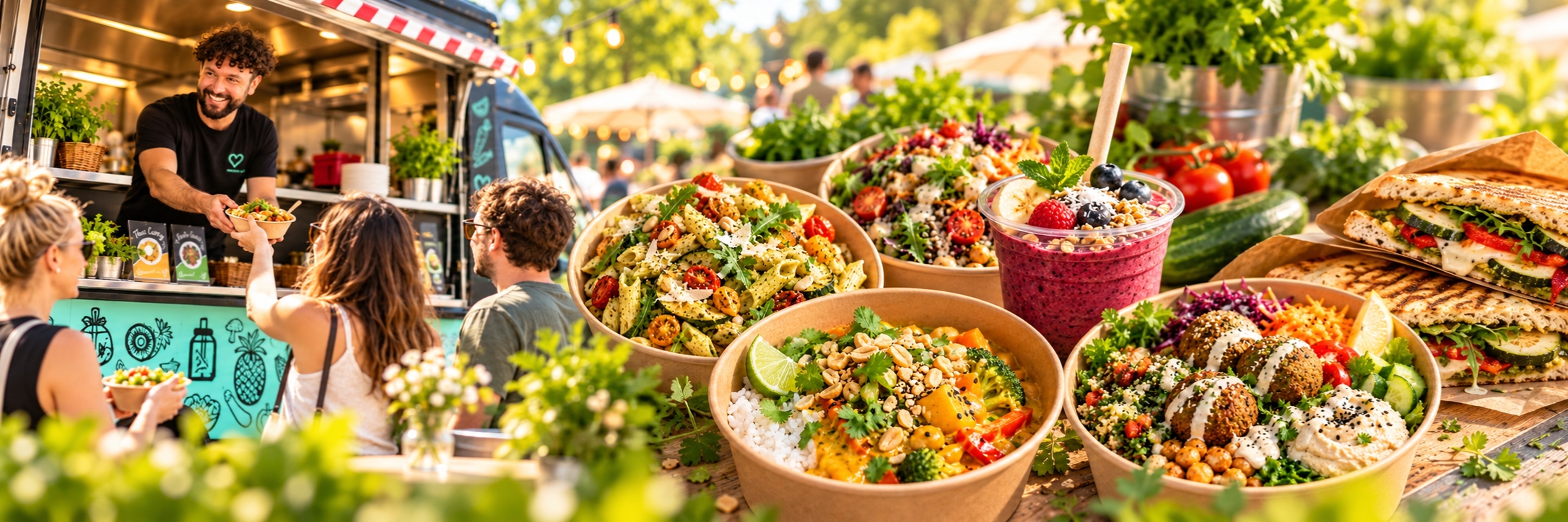 Breites Bannerbild mit RESTLOS Foodtruck, Mitarbeitendem bei der Essensausgabe sowie veganen Gerichten wie Bowl, Thai-Curry, Pasta, Smoothie und Panini in sommerlicher Event-Atmosphäre.