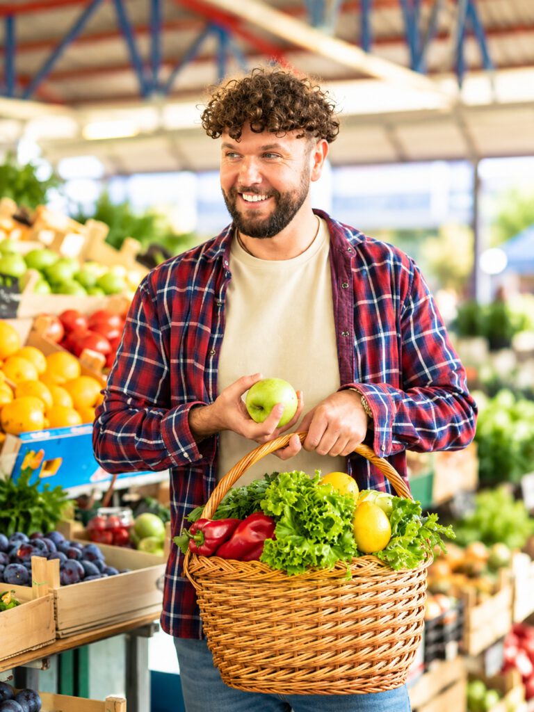 Lächelnder Mann mit einem Korb voller frischer Lebensmittel auf einem Wochenmarkt. Das Bild steht für nachhaltiges Catering und Lebensmittelwertschätzung bei Restlos e.V.