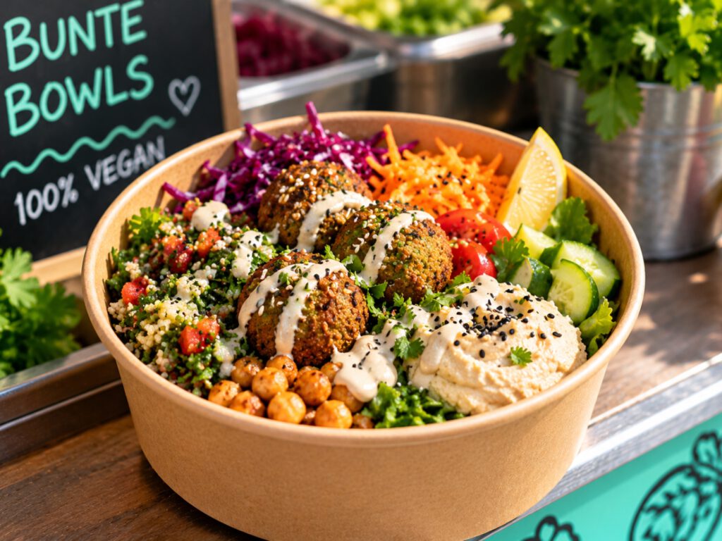 Bunte vegane Bowl mit Falafel, Couscous, Kichererbsen, Hummus, Rotkohl, Karotten und frischem Gemüse in einer Pappschale.