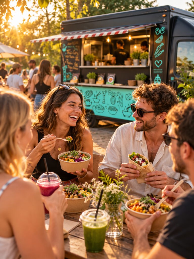 Gäste genießen bunte Bowls, frische Wraps und Smoothies bei einer Veranstaltung im Freien. Im Hintergrund steht ein türkis-schwarzer Foodtruck im warmen Abendlicht.