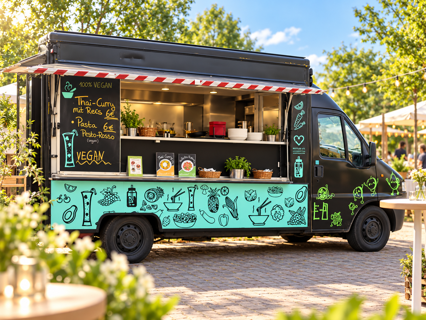 Restlos Foodtruck bei einem Catering-Event im Freien mit geöffneter Ausgabeseite, veganem Speiseangebot und dekorierter Event-Atmosphäre.
