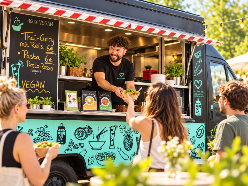 Restlos Foodtruck bei einer Veranstaltung mit einem Mitarbeiter im Restlos e.V. T-Shirt, der Essen an Gäste ausgibt.