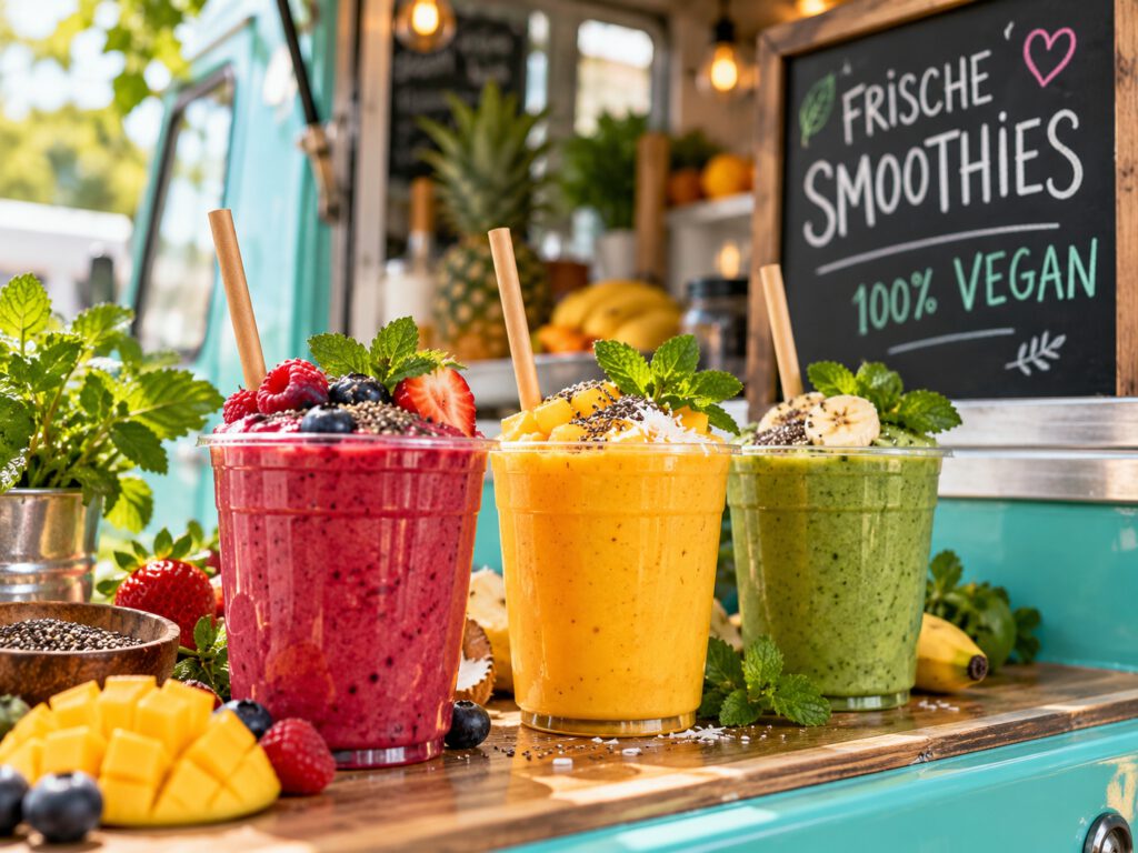 Drei vegane Smoothies in Rot, Orange und Grün mit frischen Beeren, Mango, Banane und Minze auf einem Foodtruck-Tresen.