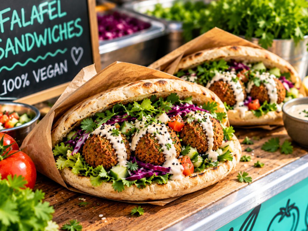 Zwei vegane Falafel-Sandwiches im Fladenbrot mit knusprigen Falafel, frischem Salat, Rotkohl, Tomaten, Gurken und cremiger Tahini-Sauce.