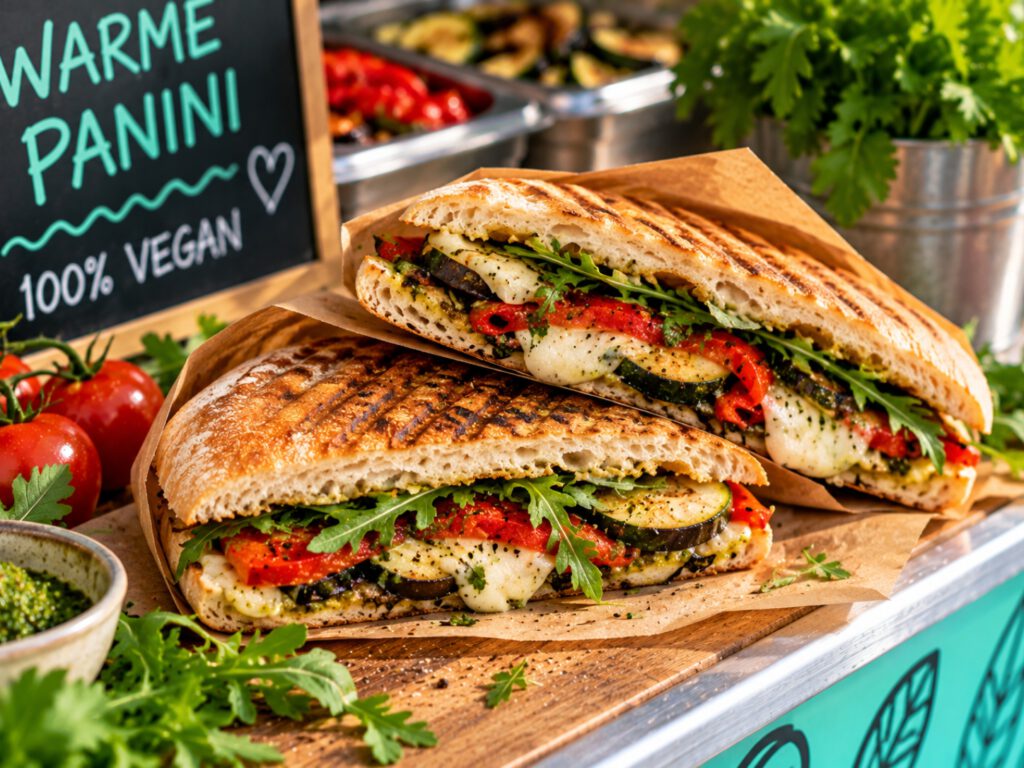 Zwei goldbraun gegrillte Panini mit Zucchini, Aubergine, Paprika, Rucola und geschmolzener pflanzlicher Käsealternative.