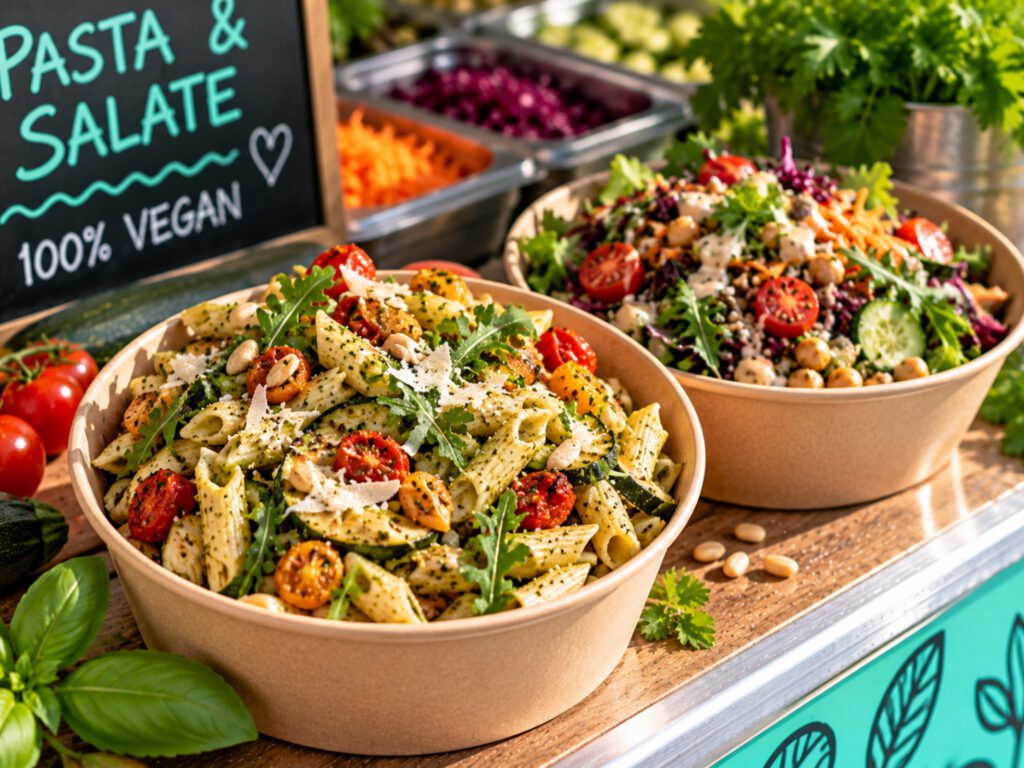 Zwei Schalen mit veganen Penne in Kräuterpesto, Kirschtomaten, Zucchini und Rucola sowie einem bunten Salat mit Kichererbsen und frischem Gemüse.
