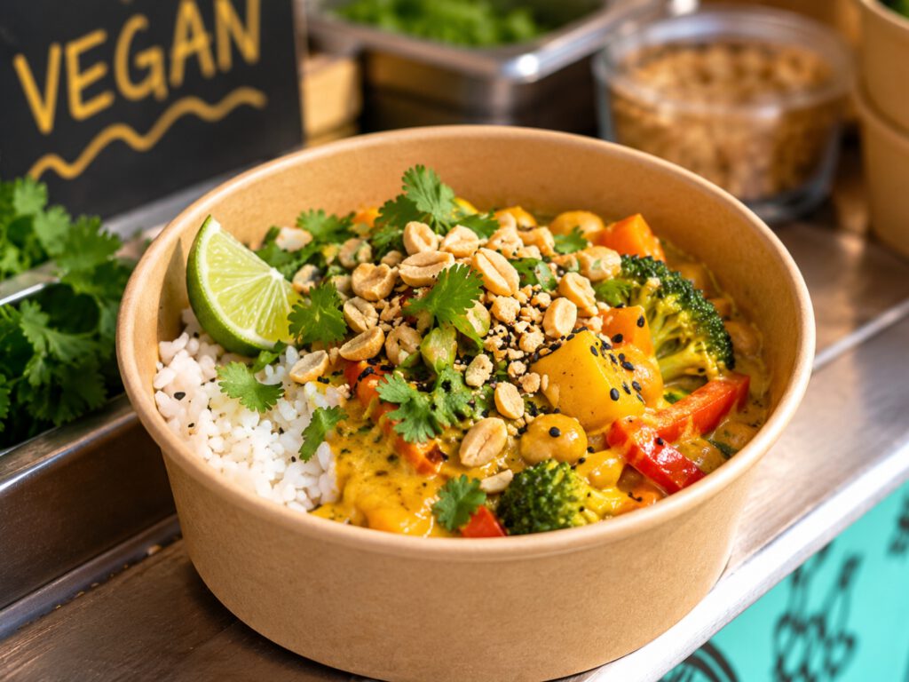 Veganes Thai-Curry mit Reis, frischem Gemüse, Erdnüssen und Kräutern in einer Take-away-Schale.