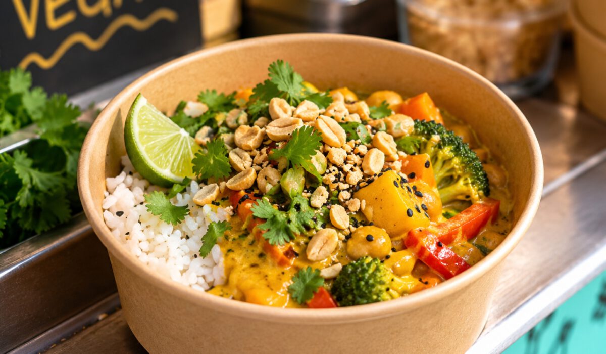 Veganes Thai-Curry mit Reis, frischem Gemüse, Erdnüssen und Kräutern in einer Take-away-Schale.